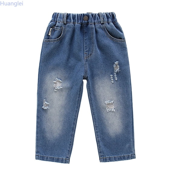 Huanglei Boys Denim Jeans With Distressed Street Style Loose Fit Casual Pants For Youth Kids Daily Wear ,Baggy Boys Jeans /Size 3-4 Years(Dark Blue)