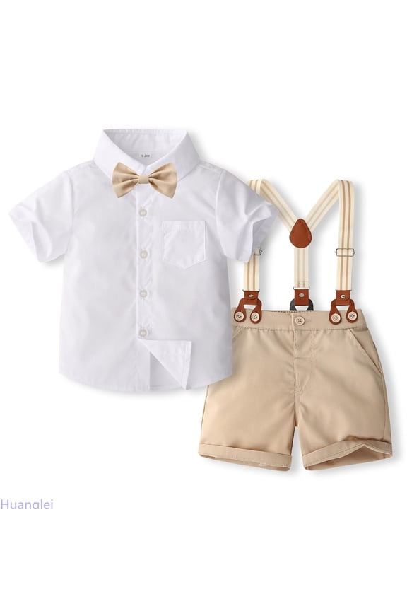 Boys' Gentleman Solid Color Shirt & Suspenders Set | Summer Formal Suit For Kids | Stage & Party Outfit Daily Casual Outfits ,18-24 Months ,White