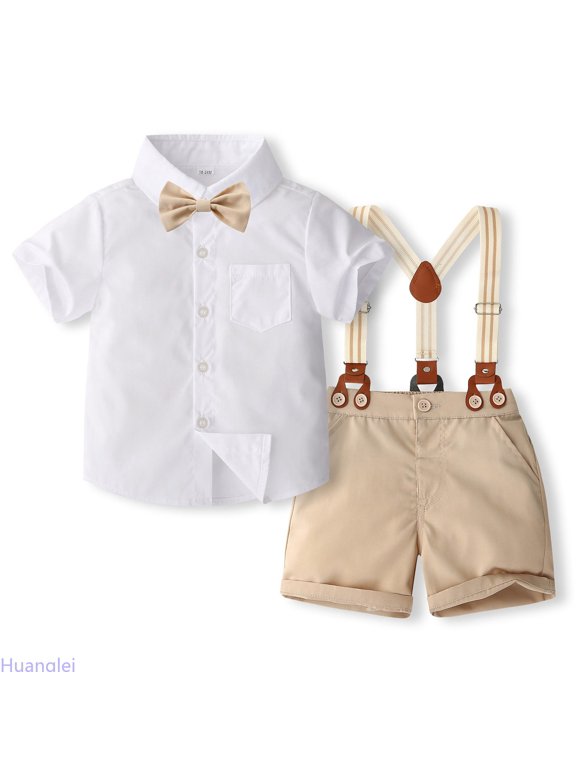 Boys' Gentleman Solid Color Shirt & Suspenders Set | Summer Formal Suit For Kids | Stage & Party Outfit Daily Casual Outfits ,2-3 Years ,White