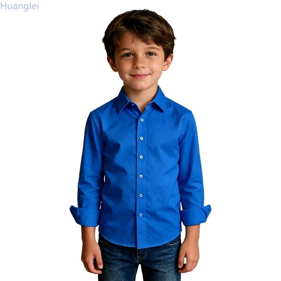 Huanglei Boys Royal Blue Long Sleeve Button Down Dress Shirt (Blue)
