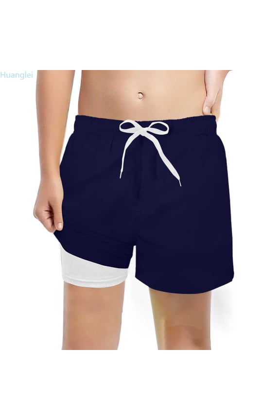 Boys Solid Swim Trunks With Compression Liner Stretch Swim Shorts Lightweight Pants