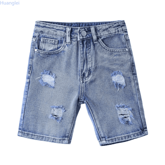 Huanglei Boys Summer Casual Shorts Trendy Streetwear Distressed Denim Elastic Waist Comfortable Loose Fit For Kids Outdoor Play Travel Party Lightweight Pants 4-5 Years