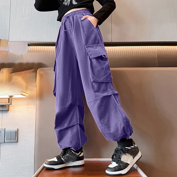 Huanglei Cargo Pants For Girls Casual High Waisted Drawstring Loose Fit Pockets Kid Cargo Sweatpants Streetwear
