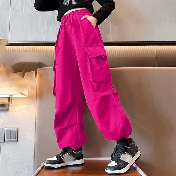 Huanglei Cargo Pants For Girls Casual High Waisted Drawstring Loose Fit Pockets Kid Cargo Sweatpants Streetwear