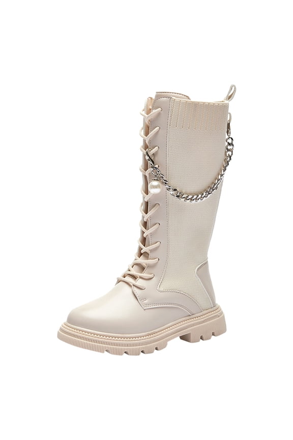 Children Shoes Flat Thick Heel Boots Fashion Warm Long Belt Chain Sock Boots Girls Combat Boots 11-11.5 Years