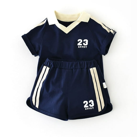 Huanglei Children's Short Sleeved Sports Set Baby Summer Academy T Shirt Little Boy Cotton Thin Suit Baby Two Piece Set 6-12 Months