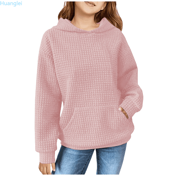 Huanglei Children's Solid Color Hooded Silk Checked Top Coat Girls' Casual Sweatshirt