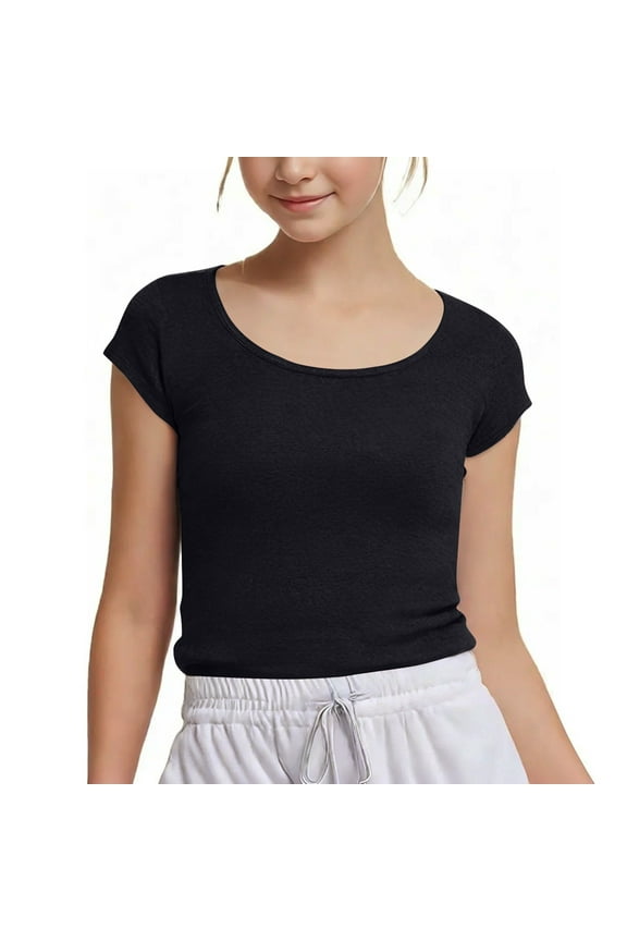 Crop Tops For Girls Short Sleeve Shirt Girls Summer Tops Square Neck Slim Fit Tops Basic Tee Girls Short/Long Sleeve T-Shirts ,14-15 years ,Black