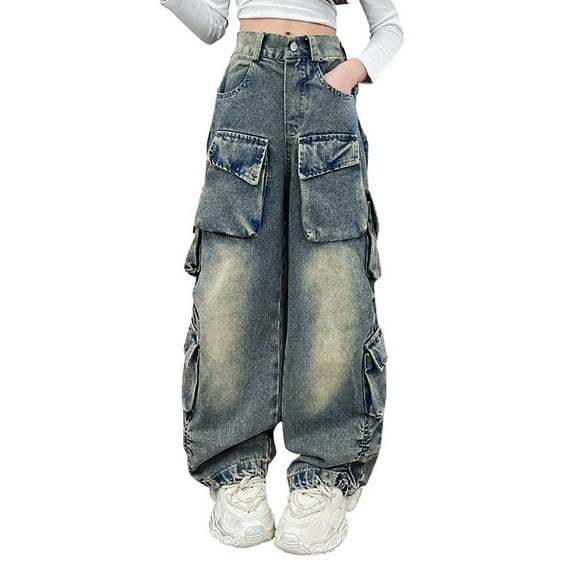 Huanglei Girl Fashion Denim Overalls Casual High Waist Long Pants With Pockets