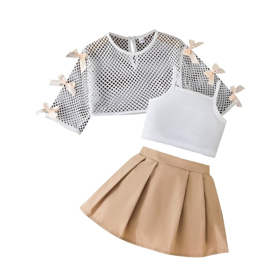 Huanglei Girl's 3 Piece Outfit Fishnet Round Neck Long Sleeve Crop Tops Camisole And Pleated A Line Mini Skirt Set