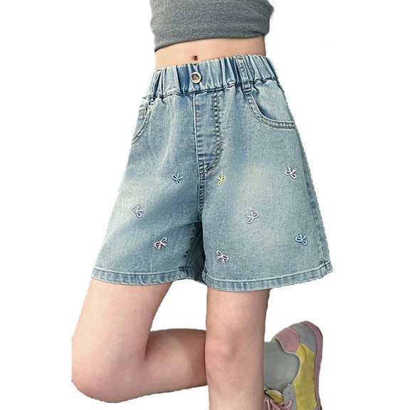 Huanglei Girl's Casual Elastic High Waist Denim Shorts With Pocket