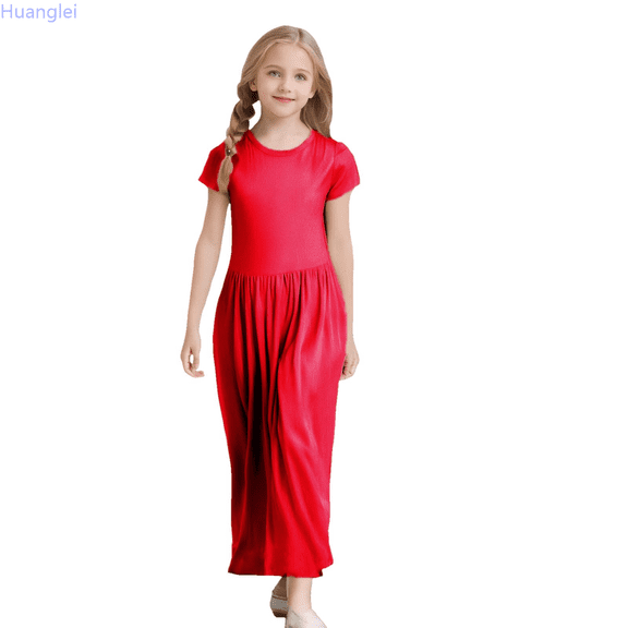 Huanglei Girl's Short Sleeve Solid Color Loose Casual Long Maxi Dress With Pockets Swing Dress 6-7 Years