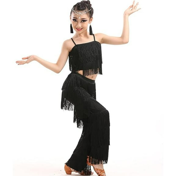Huanglei Girls 2 Piece Latin Ballroom Dance Outfits Set Tassel Camisole Fringe Pants Modern Dancewear