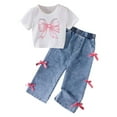 thumbnail image 1 of Huanglei Girls' Bowknot T Shirt & Denim Set Two Piece Casual Outfit With Double Bow Accents, 1 of 8