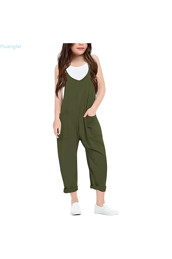 Girls' Casual V Suspender Romper Solid Color Loose Casual Romper With Pocket Girls Cargo Pants