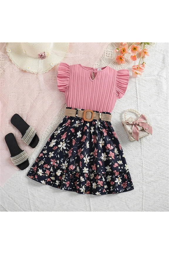 Girls' Clothes 2024 Spring/summer Children's Clothing New Children's Clothing Lace Sleeve Top Printed Half Skirt Set