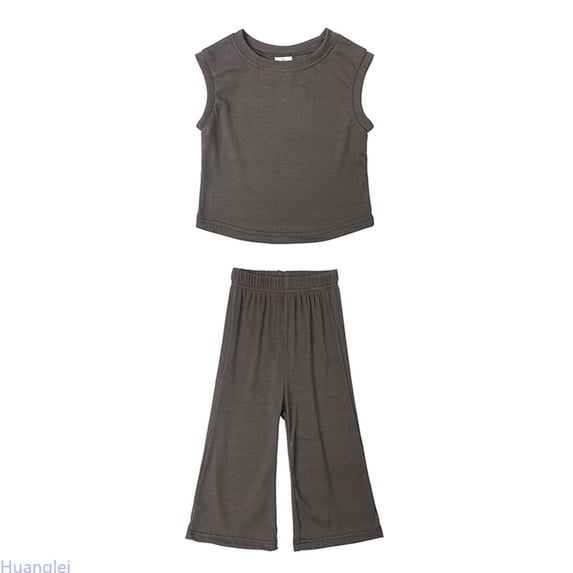 Huanglei Girls Clothes Summer Solid Knit Sleeveless Shirt Flare Pants Set Toddler Bell Bottoms Outfit Summer/Winter Outfits ,7-8 Years ,Gray