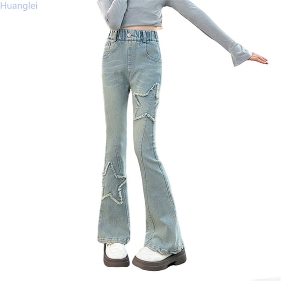 Huanglei Girls Denim Bottom Pants Flared Trousers With Star Slim Fit Stretch Jeans For Tweens Fall Fashion ï¼School Wear Denim Trousers /Size 3-4 Years(Blue)