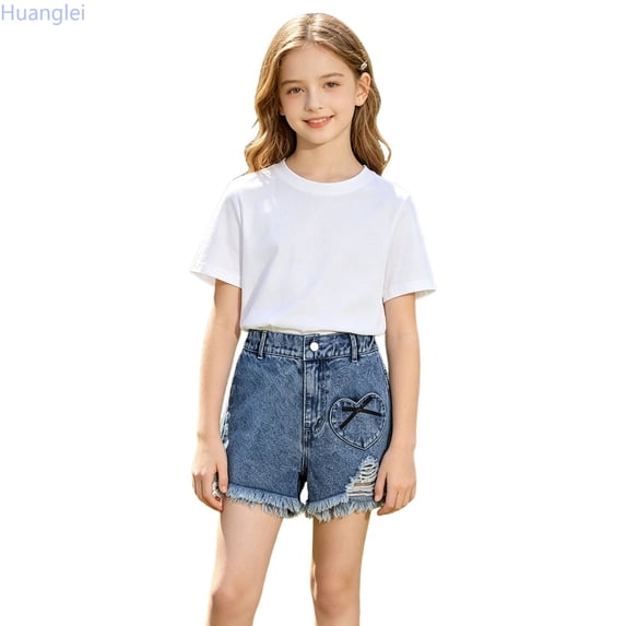 Huanglei Girls Denim Shorts With Heart Details For Tween Summers Casual Distressed And Stylish Hot Shorts ,Girls Denim Shorts /Size 9-10 Years(Blue)