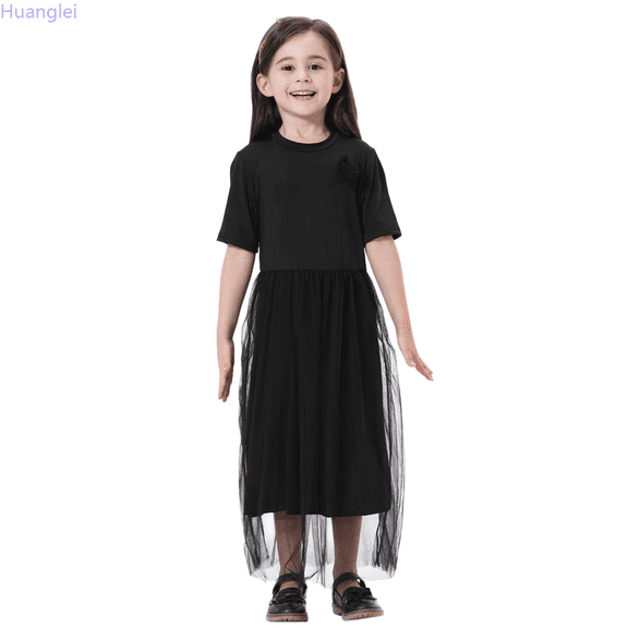 Huanglei Girls Elegant Long Dress For Celebration – Ethnic Style Round Neck Short Sleeve Girls’ Floor Length Dress(12M 11Y) Short Dress 2-3 Years