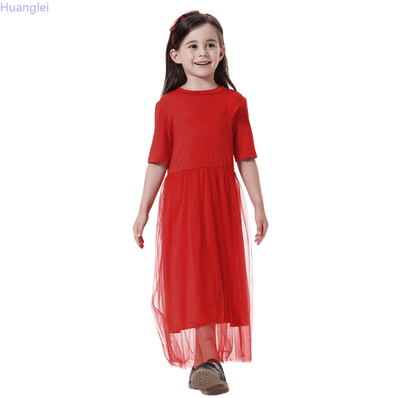 Huanglei Girls Elegant Long Dress For Celebration – Ethnic Style Round Neck Short Sleeve Girls’ Floor Length Dress（12M 11Y） Short Dress 2-3 Years