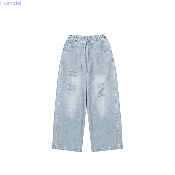 Huanglei Girls Fashion Personality Pants Elastic Waist Wide Leg Jeans Casual Demin Pants With Mul Ti Pockets Girls Cargo Pants 4-5 Years