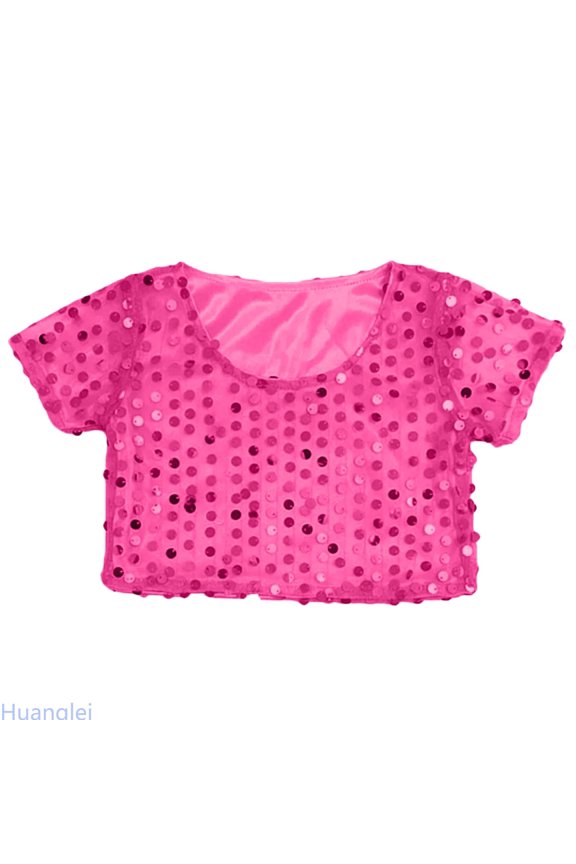 Girls Glitter Sequin Crop Top Short Sleeve Shirt For Stage Performance Singing Dancing And Show Elastic Tee Kids T-shirts Clothes ,3-8 Years ,Pink