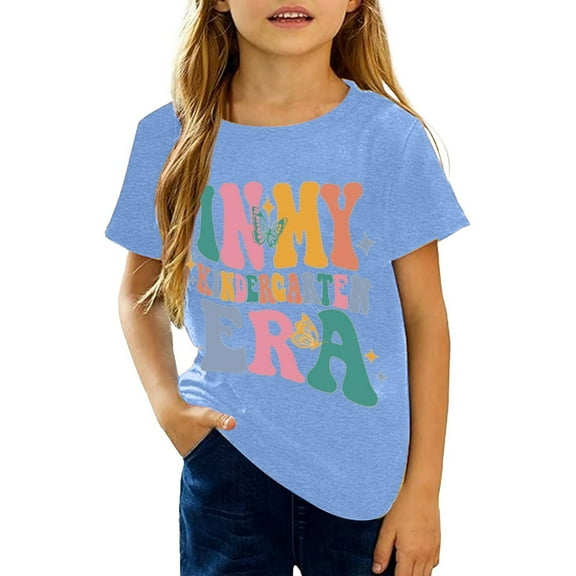 Huanglei Girls Graphic Tops Casual Short Sleeve Tee With Letter Print Comfortable Round Neck Shirt For Kids Toddler Youth Daily Wear
