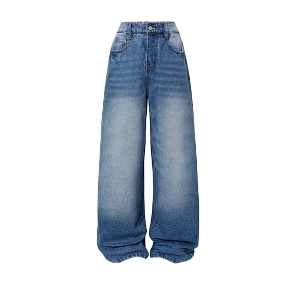 Huanglei Girls Jeans Wide Leg Baggy Denim Pants High Elastic Waisted Cute Bow Trousers Casual Kids Streetwear