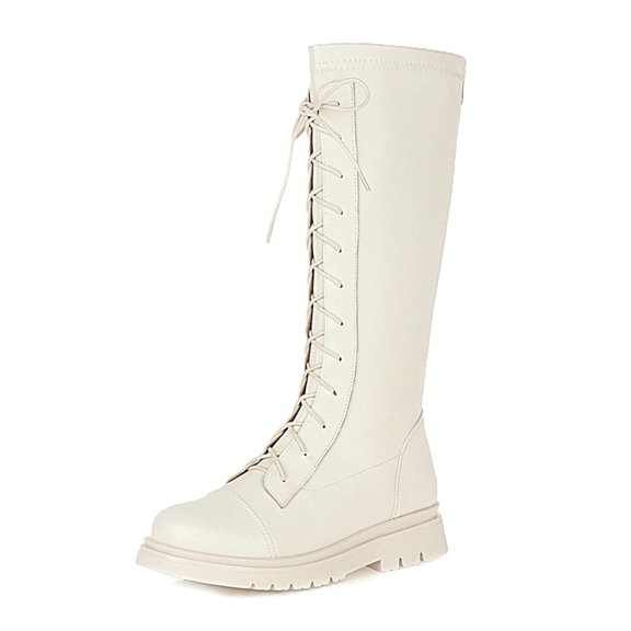 Huanglei Girls Lace Up Riding Boots Mid Calf Boots PU Leather Side Zipper Punk Boot 3 14 Years Girls Riding Boots 5-5.5 Years