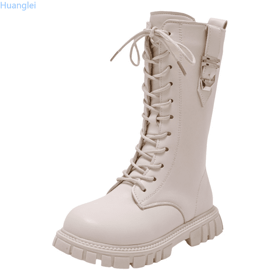 Huanglei Girls Lace Up Riding Boots Mid Calf Combat Boots PU Leather Side Zipper Punk Goth Boot 10.5-11 Years