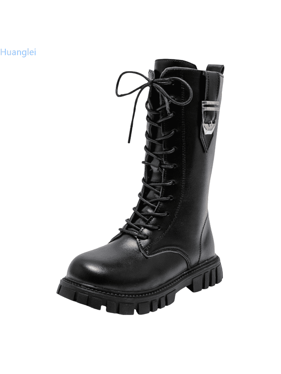 Girls Lace Up Riding Boots Mid Calf Combat Boots PU Leather Side Zipper Punk Goth Boot 11.5-12 Years