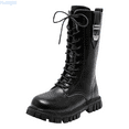 thumbnail image 1 of Huanglei Girls Lace Up Riding Boots Mid Calf Combat Boots PU Leather Side Zipper Punk Goth Boot 4-4.5 Years, 1 of 9