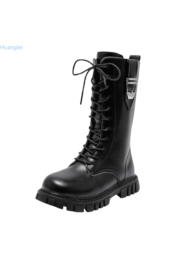 Girls Lace Up Riding Boots Mid Calf Combat Boots PU Leather Side Zipper Punk Goth Boot 8-9 Years