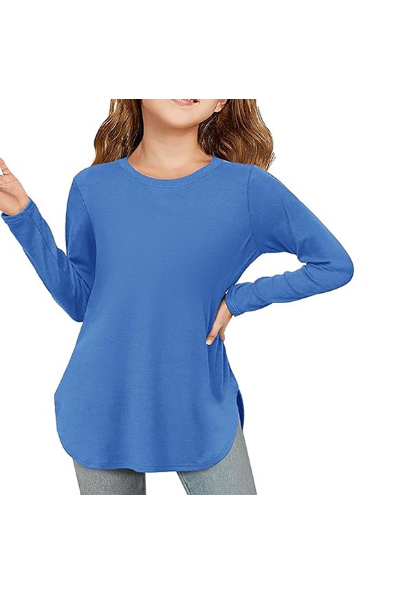 Girls Long Sleeve Shirts Kids Arc Hem Side Slit Soft Tunic Tops T Shirts