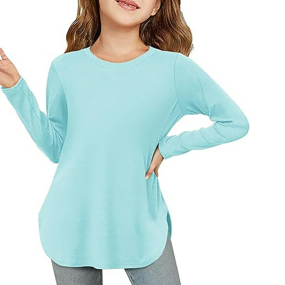 Huanglei Girls Long Sleeve Shirts Kids Arc Hem Side Slit Soft Tunic Tops T Shirts