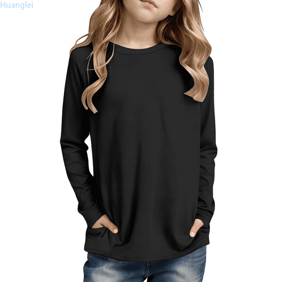 Huanglei Girls Long Sleeve Solid Color Top With Side Pocket Casual Comfortable Daily Wear Soft Breathable Fabric For Play And School Crew Neck Tees 7-8 Years