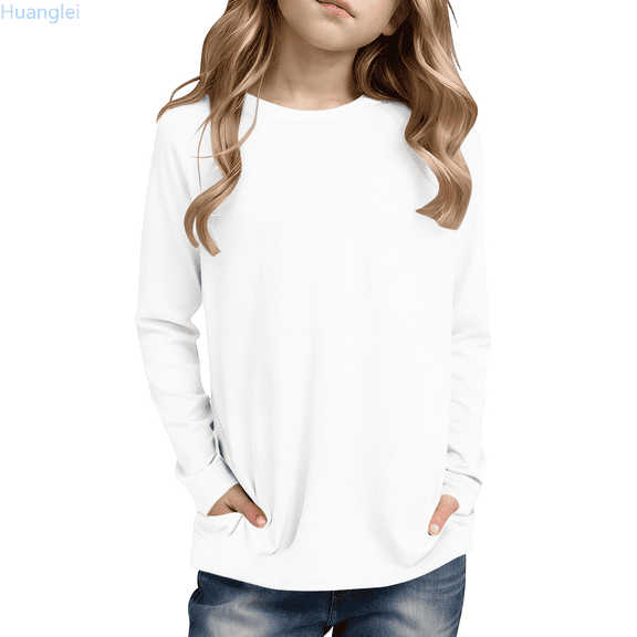 Huanglei Girls Long Sleeve Solid Color Top With Side Pocket Casual Comfortable Daily Wear Soft Breathable Fabric For Play And School Girl Basic T-Shirts 11-12 Years