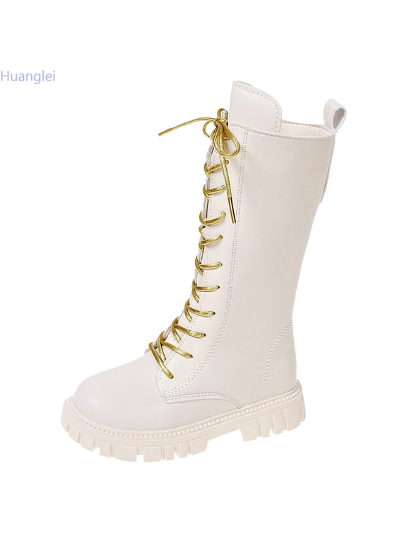 Girls Mid Calf Combat Boots Gold Lace Up Platform Lug Sole Boots(White)