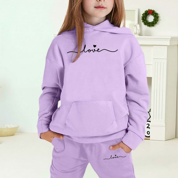 Huanglei Girls Outfits Set Winter Fleece Hoodie And Joggers Comfy Casual Kids Clothes With Stylish Print For Toddler To Teen