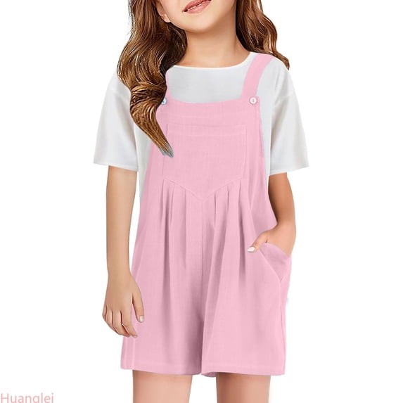 Huanglei Girls Overall Shorts Kids Summer Casual Adjustable Strap Rompers With Pockets ,5-6 Years ,Pink