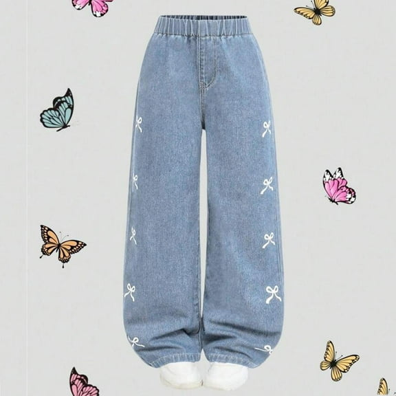 Huanglei Girls Pants Cute Printed Bow Decorated Wide Leg Pants For Teen Girls Comfortable Stretchy Casual Trousers For Daily Wear Age 7 12 Years