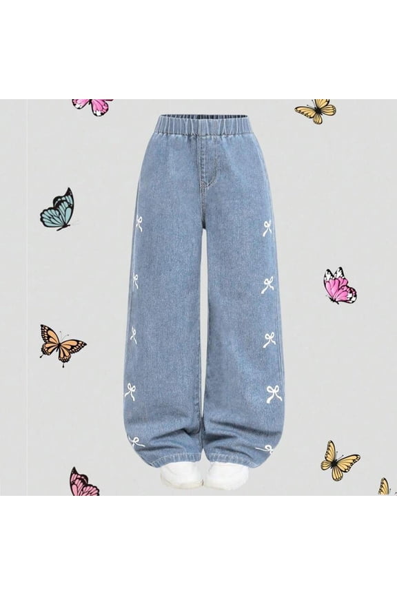 Girls Pants Cute Printed Bow Decorated Wide Leg Pants For Teen Girls Comfortable Stretchy Casual Trousers For Daily Wear Age 7 12 Years