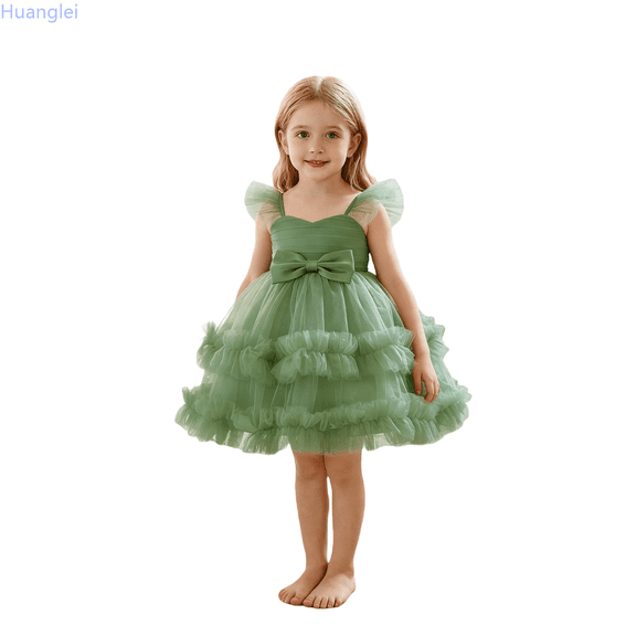 Huanglei Girls Party Dress With Bow Tiered Skirt Flutter Sleeves Formal Occasion Performance Tutu Gown A Line Swing Dress 9-12 Months
