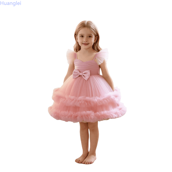 Huanglei Girls Party Dress With Bow Tiered Skirt Flutter Sleeves Formal Occasion Performance Tutu Gown Flower Girls Dress 6-9 Months