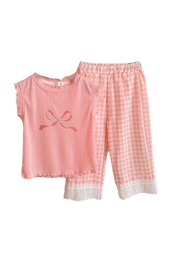 Girls' Puff Sleeve Tops And Checkered Pants Suit Fashion Casual Wide Leg Pants Set