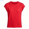 thumbnail image 1 of Huanglei Girls Red Cap Sleeve Crew Neck T Shirt Bright Solid Color Cotton Casual Tee (Red), 1 of 5