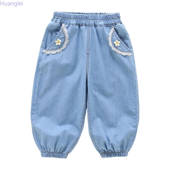 Huanglei Girls Summer Denim Pants Soft Casual Long Trousers For Toddler Baby Children Breathable Everyday Wear ,Casual School Jeans For Girls /Size 4-5 Years(Light Blue)