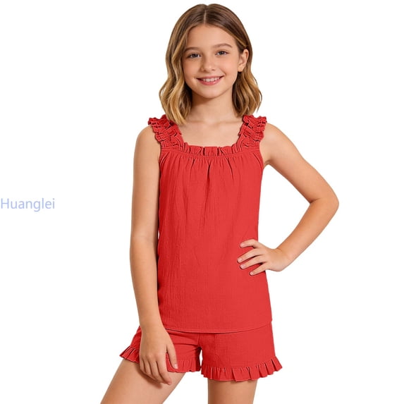 Huanglei Girls Summer Sleeveless Tank Top And Shorts Casual Lace Trim Outfit Girls Tank Top Sets,Size 9-10 Years /Big Kids/Red