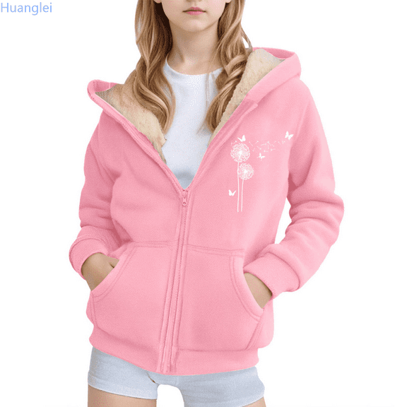 Huanglei Girls Zip Up Fleece Hooded Jacket With Print Cute Casual Winter Warm Up Outerwear Pockets For Active Play Jackets for Kids 6-7 Years